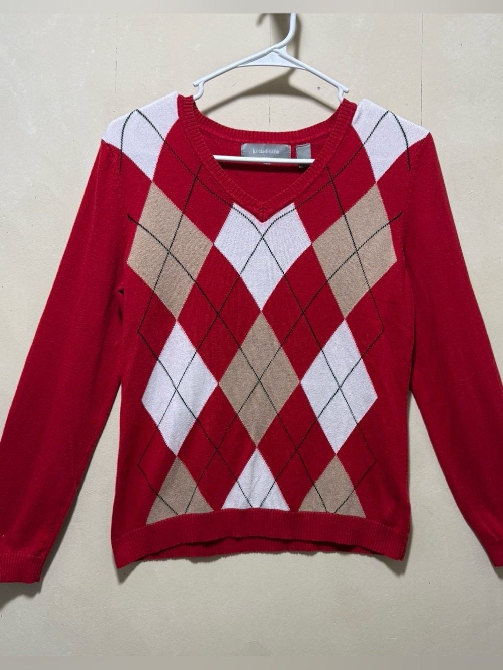 Vintage Liz Claiborne Red Argyle V-Neck Women's Sweater Sz M